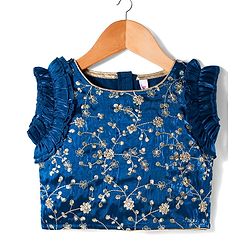 Babyhug Woven Sleeveless Choli Lehenga & Frilled Dupatta Set with Floral Embroidery - Navy Blue