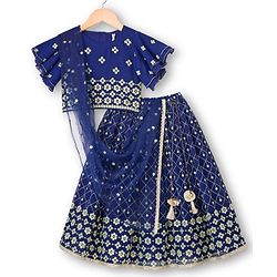 Babyhug Georgette Woven Half Flutter Sleeves Choli Lehenga Set with Dupatta & Embroidery - Navy Blue