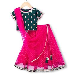Babyhug Brocade Woven Half Sleeves Choli Shimmer Net Lehenga & Dupatta Set with Floral Embroidery - Fuchsia