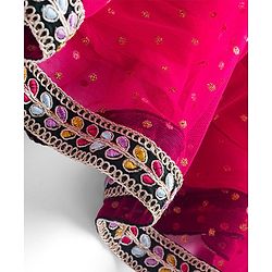 Babyhug Brocade Woven Half Sleeves Choli Shimmer Net Lehenga & Dupatta Set with Floral Embroidery - Fuchsia