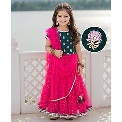 Babyhug Brocade Woven Half Sleeves Choli Shimmer Net Lehenga & Dupatta Set with Floral Embroidery - Fuchsia