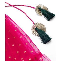 Babyhug Brocade Woven Half Sleeves Choli Shimmer Net Lehenga & Dupatta Set with Floral Embroidery - Fuchsia