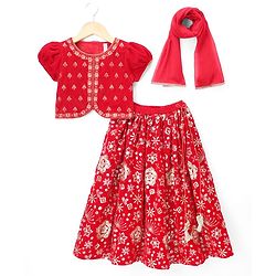 Babyhug Velvet Woven Half Puffed Sleeves Choli Lehenga & Dupatta Set with Floral Embroidery & Embellishments - Red