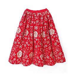 Babyhug Velvet Woven Half Puffed Sleeves Choli Lehenga & Dupatta Set with Floral Embroidery & Embellishments - Red