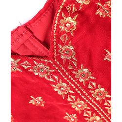 Babyhug Velvet Woven Half Puffed Sleeves Choli Lehenga & Dupatta Set with Floral Embroidery & Embellishments - Red