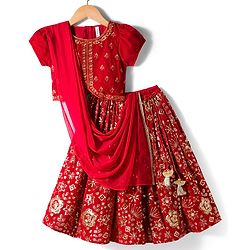 Babyhug Velvet Woven Half Puffed Sleeves Choli Lehenga & Dupatta Set with Floral Embroidery & Embellishments - Red