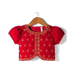 Babyhug Velvet Woven Half Puffed Sleeves Choli Lehenga & Dupatta Set with Floral Embroidery & Embellishments - Red