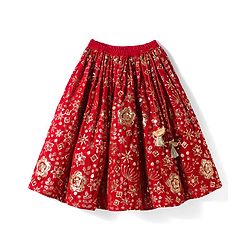 Babyhug Velvet Woven Half Puffed Sleeves Choli Lehenga & Dupatta Set with Floral Embroidery & Embellishments - Red