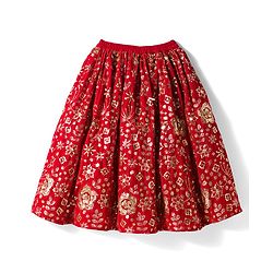 Babyhug Velvet Woven Half Puffed Sleeves Choli Lehenga & Dupatta Set with Floral Embroidery & Embellishments - Red