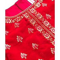 Babyhug Velvet Woven Half Puffed Sleeves Choli Lehenga & Dupatta Set with Floral Embroidery & Embellishments - Red
