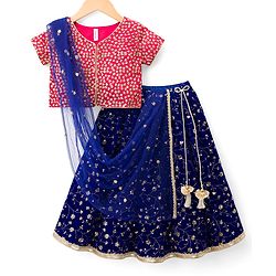 Babyhug Velvet Woven Half Sleeves Choli Lehenga & Dupatta Set With Sequin Embriodery - Blue