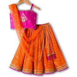 Babyhug Brocade Woven Sleeveless Choli Lehenga & Dupatta Set With Floral Embroidery - Orange