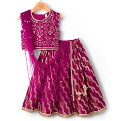 Babyhug Brocade Woven Sleeveless Choli Lehenga & Dupatta Set With Floral Embroidery - Fushsia