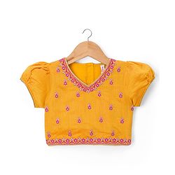 Babyhug Brocade Woven Half Sleeves Lehenga Choli Set With Floral Embroidery & Dupatta - Mustard & Pink