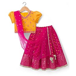 Babyhug Brocade Woven Half Sleeves Lehenga Choli Set With Floral Embroidery & Dupatta - Mustard & Pink