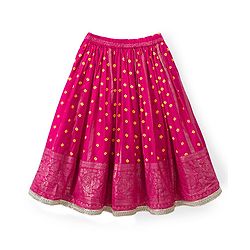 Babyhug Brocade Woven Half Sleeves Lehenga Choli Set With Floral Embroidery & Dupatta - Mustard & Pink