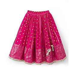 Babyhug Brocade Woven Half Sleeves Lehenga Choli Set With Floral Embroidery & Dupatta - Mustard & Pink
