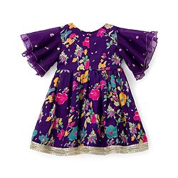 Babyhug Rayon Woven Half Sleeves Ethnic Dress With Embroidered Detailing & Floral Print - Purple