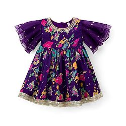 Babyhug Rayon Woven Half Sleeves Ethnic Dress With Embroidered Detailing & Floral Print - Purple