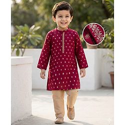 Babyhug Brocade Woven Full Sleeves Kurta Pajama Set With Floral Print - Maroon