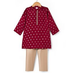 Babyhug Brocade Woven Full Sleeves Kurta Pajama Set With Floral Print - Maroon