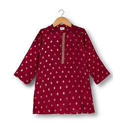 Babyhug Brocade Woven Full Sleeves Kurta Pajama Set With Floral Print - Maroon
