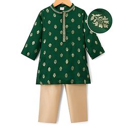 Babyhug Woven Full Sleeves Kurta Pajama Set With Floral Foil Print - Green