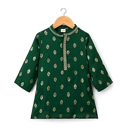 Babyhug Woven Full Sleeves Kurta Pajama Set With Floral Foil Print - Green