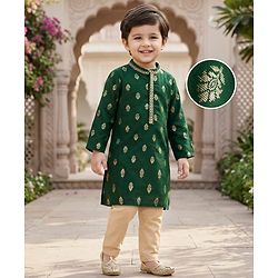 Babyhug Woven Full Sleeves Kurta Pajama Set With Floral Foil Print - Green
