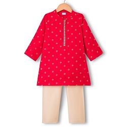 Babyhug Woven Full Sleeves Kurta Pajama Set With Floral Foil Print - Red