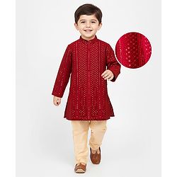 Babyhug Cotton Blend Woven Full Sleeves Kurta Pajama Set with Embroidery & Sequin Detailing - Maroon