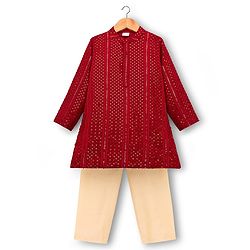 Babyhug Cotton Blend Woven Full Sleeves Kurta Pajama Set with Embroidery & Sequin Detailing - Maroon