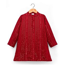 Babyhug Cotton Blend Woven Full Sleeves Kurta Pajama Set with Embroidery & Sequin Detailing - Maroon