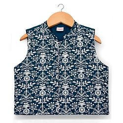 Babyhug Cotton Blend Woven Full Sleeves Kurta Pajama Set with Jacket & Floral Embroidery - Teal Blue
