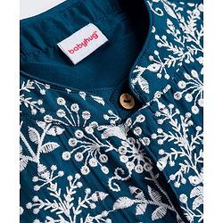 Babyhug Cotton Blend Woven Full Sleeves Kurta Pajama Set with Jacket & Floral Embroidery - Teal Blue