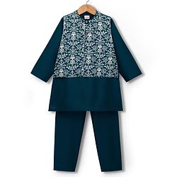 Babyhug Cotton Blend Woven Full Sleeves Kurta Pajama Set with Jacket & Floral Embroidery - Teal Blue
