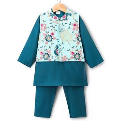 Babyhug Woven Full Sleeves Kurta Pajama & Floral Embroidery Jacket Set  - Teal Blue