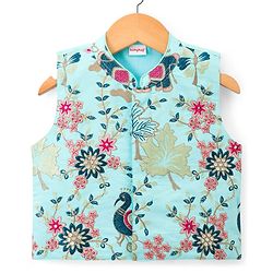 Babyhug Woven Full Sleeves Kurta Pajama & Floral Embroidery Jacket Set  - Teal Blue