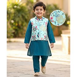 Babyhug Woven Full Sleeves Kurta Pajama & Floral Embroidery Jacket Set  - Teal Blue