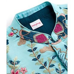 Babyhug Woven Full Sleeves Kurta Pajama & Floral Embroidery Jacket Set  - Teal Blue