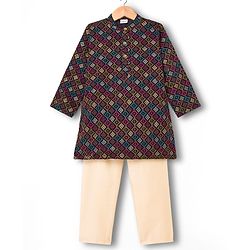 Babyhug Cotton Blend Woven Full Sleeves Kurta Pajama Set with Embroidery - Navy Blue