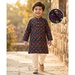 Babyhug Cotton Blend Woven Full Sleeves Kurta Pajama Set with Embroidery - Navy Blue