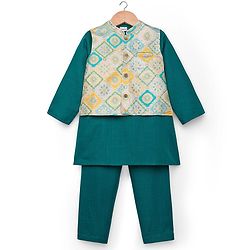 Babyhug Cotton Blend Full Sleeves Kurta Pajama Set with Jacket & Motif Embroidery - Teal Blue