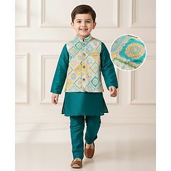 Babyhug Cotton Blend Full Sleeves Kurta Pajama Set with Jacket & Motif Embroidery - Teal Blue