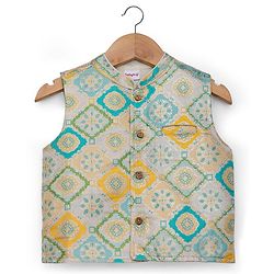 Babyhug Cotton Blend Full Sleeves Kurta Pajama Set with Jacket & Motif Embroidery - Teal Blue