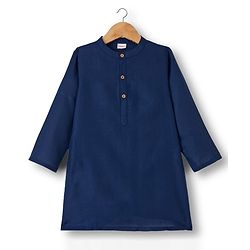 Babyhug Woven Full Sleeves Kurta Pyjama Set With Floral Embroidered Nehru Jacket - Navy Blue
