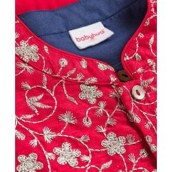 Babyhug Woven Full Sleeves Kurta Pyjama Set With Floral Embroidered Nehru Jacket - Navy Blue