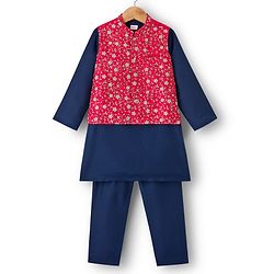 Babyhug Woven Full Sleeves Kurta Pyjama Set With Floral Embroidered Nehru Jacket - Navy Blue