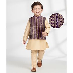 Babyhug Woven Full Sleeves Kurta Pajama & Nehru Jacket with Foil Embroidery - Beige & Purple