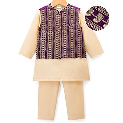 Babyhug Woven Full Sleeves Kurta Pajama & Nehru Jacket with Foil Embroidery - Beige & Purple